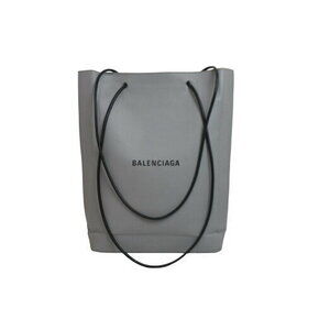 BALENCIAGA Shopping Tote Bag Gray Logo Leather Shoulder